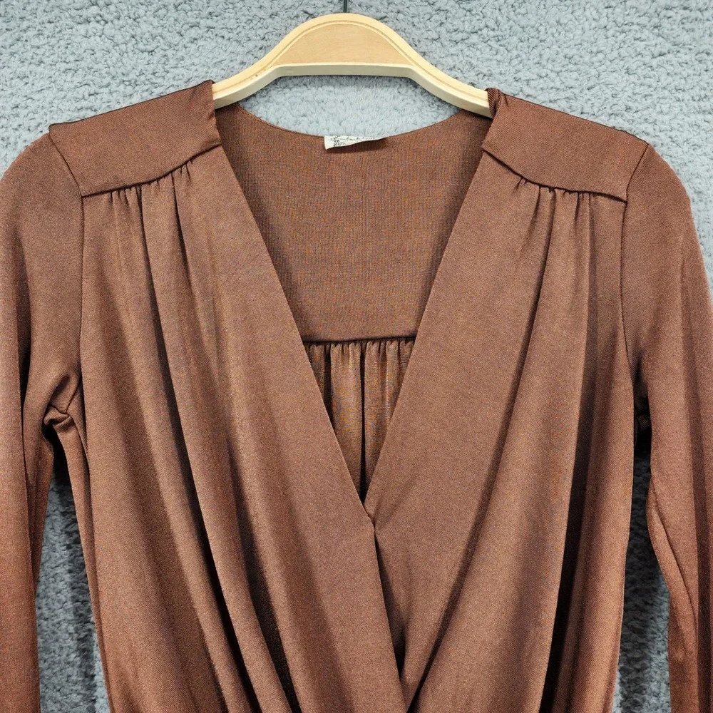 Intimately Free‎ People Brown Long Sleeve Plunging Neckline Ruched Bodysuit XS